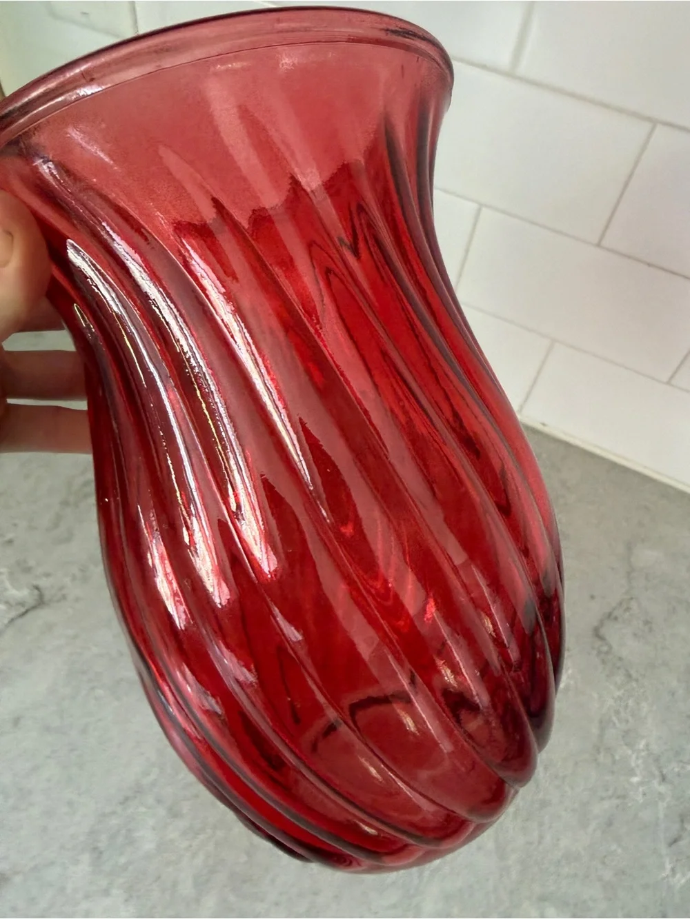 Clear beveled 8” Red Swirled Glass Vase - Decorative Home Accent floral